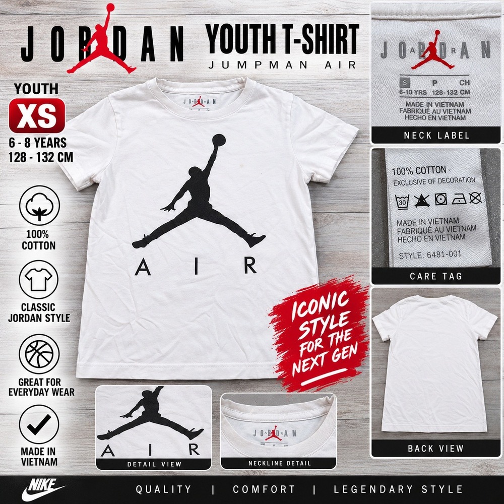 Jordan Youth Jumpman Air Graphic T-Shirt White Black 6481-001 Size XS 6-8